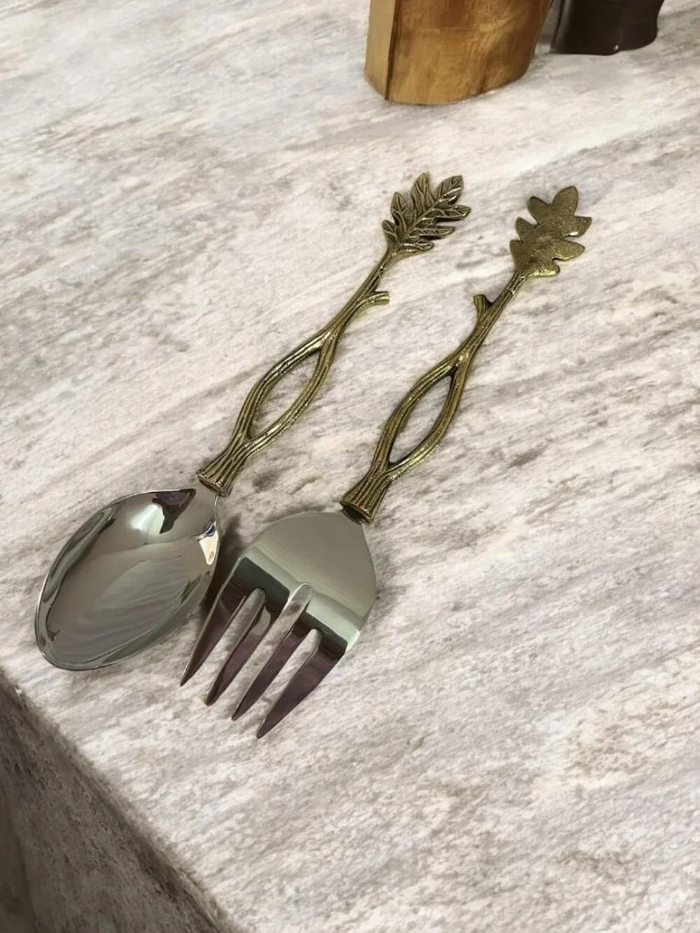 Elegant Gold Salad Serving Spoon & Fork Set - Stainless Steel, Leaf Handle